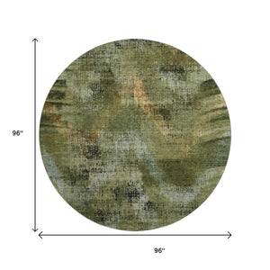 HomeRoots 8' Washable Round Rug in Olive Green, Gold & Charcoal - Stain-Resistant, UV-Protected, Modern Design 665498