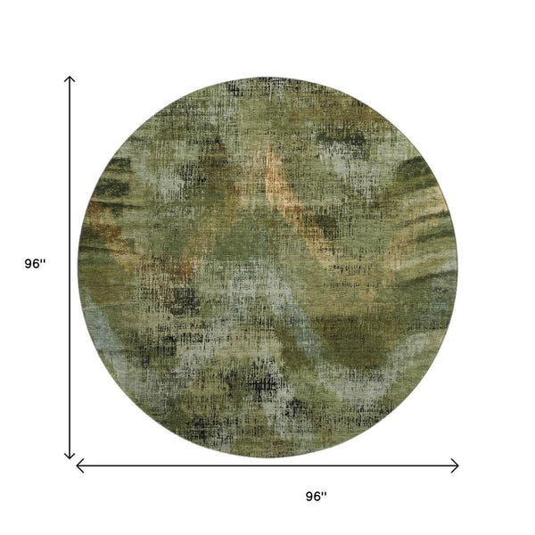 HomeRoots 8' Washable Round Rug in Olive Green, Gold & Charcoal - Stain-Resistant, UV-Protected, Modern Design 665498