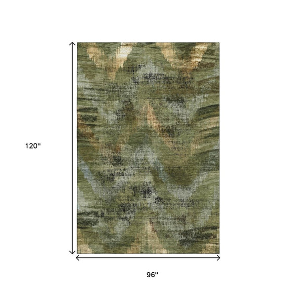 HomeRoots 8' X 10' Washable Olive Green, Gold & Charcoal Abstract Area Rug with UV Protection for Heavy Use 665499