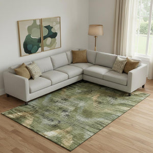 HomeRoots 8' X 10' Washable Olive Green, Gold & Charcoal Abstract Area Rug with UV Protection for Heavy Use 665499