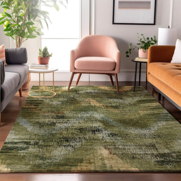 HomeRoots 8' X 10' Washable Olive Green, Gold & Charcoal Abstract Area Rug with UV Protection for Heavy Use 665499