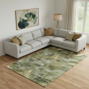 HomeRoots 9' X 12' Olive Green Gold Charcoal Abstract Washable Area Rug - Durable, UV-Protected, Stylish! 665500