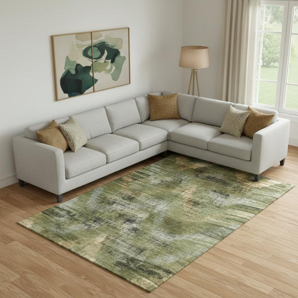 HomeRoots 9' X 12' Olive Green Gold Charcoal Abstract Washable Area Rug - Durable, UV-Protected, Stylish! 665500