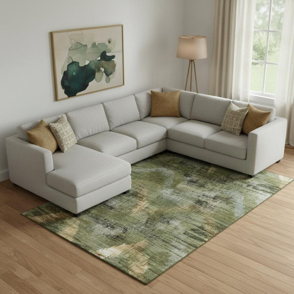HomeRoots 10' X 14' Olive Green, Gold & Charcoal Abstract Washable Area Rug - UV Protected, Stain-Resistant Style! 665501