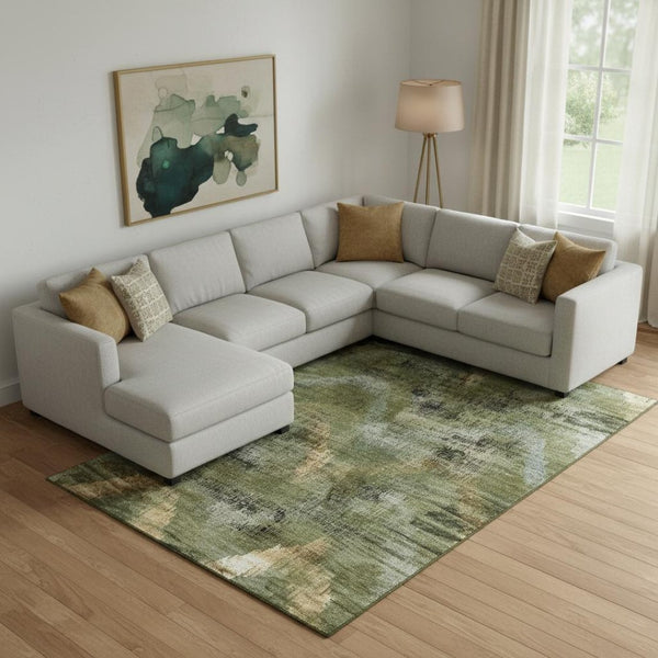 HomeRoots 10' X 14' Olive Green, Gold & Charcoal Abstract Washable Area Rug - UV Protected, Stain-Resistant Style! 665501