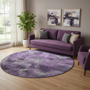 HomeRoots 8' Purple And Gray Abstract Washable Round Rug - Durable, UV-Protected, Stain-Resistant Design! 665504