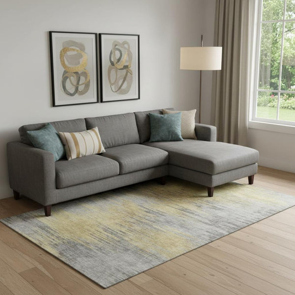 HomeRoots 9' X 12' Gold And Gray Abstract Area Rug - Durable, Washable, UV-Protected for High-Traffic Spaces 665524