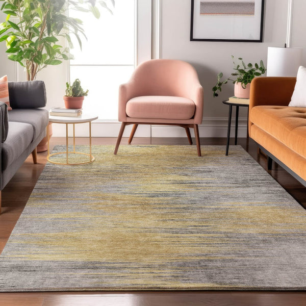 HomeRoots 9' X 12' Gold And Gray Abstract Area Rug - Durable, Washable, UV-Protected for High-Traffic Spaces 665524