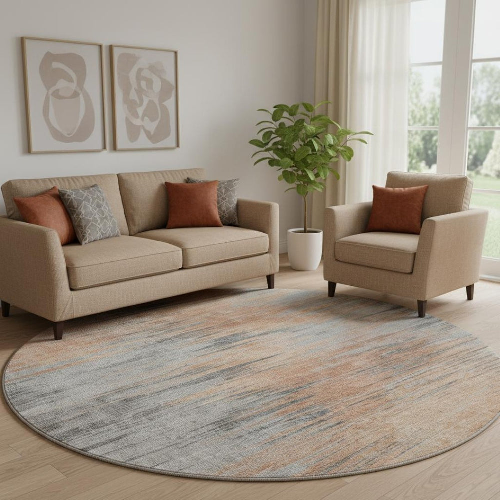 HomeRoots 8' Salmon and Gray Abstract Round Rug – Washable, Stain-Resistant, UV Protected for Modern Spaces 665534