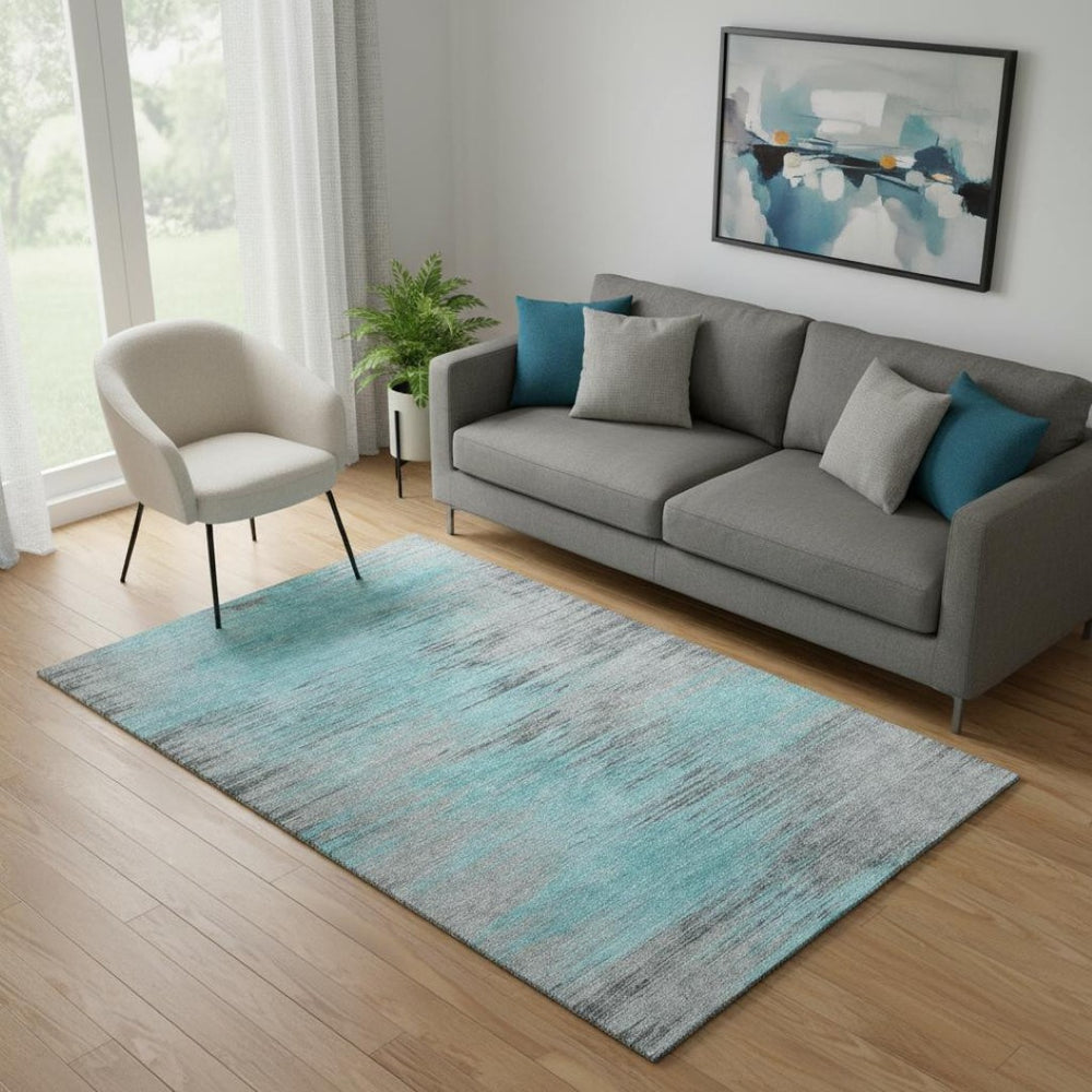 HomeRoots 5' X 8' Stylish Teal and Gray Abstract Area Rug – Washable, UV-Protected for Busy Homes and Pets 665539
