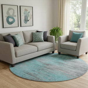 HomeRoots 8' Teal And Gray Abstract Round Rug – Stylish, Washable, UV-Protected, Perfect for Busy Homes! 665540