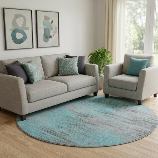 HomeRoots 8' Teal And Gray Abstract Round Rug – Stylish, Washable, UV-Protected, Perfect for Busy Homes! 665540