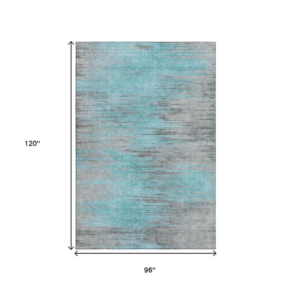 HomeRoots 8' X 10' Teal & Gray Abstract Area Rug - Washable, UV Protected, Perfect for Homes with Kids & Pets! 665541