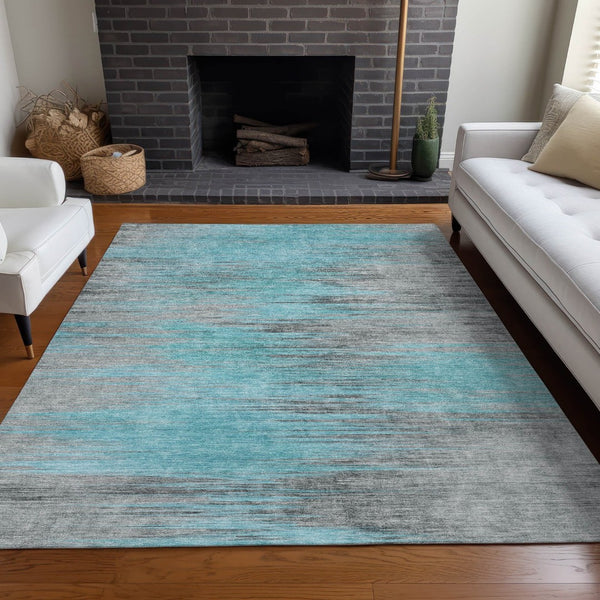 HomeRoots 8' X 10' Teal & Gray Abstract Area Rug - Washable, UV Protected, Perfect for Homes with Kids & Pets! 665541