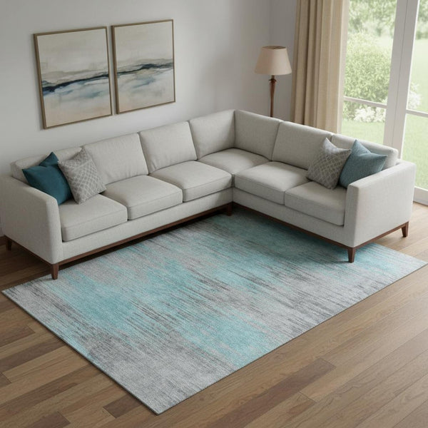 HomeRoots 8' X 10' Teal & Gray Abstract Area Rug - Washable, UV Protected, Perfect for Homes with Kids & Pets! 665541
