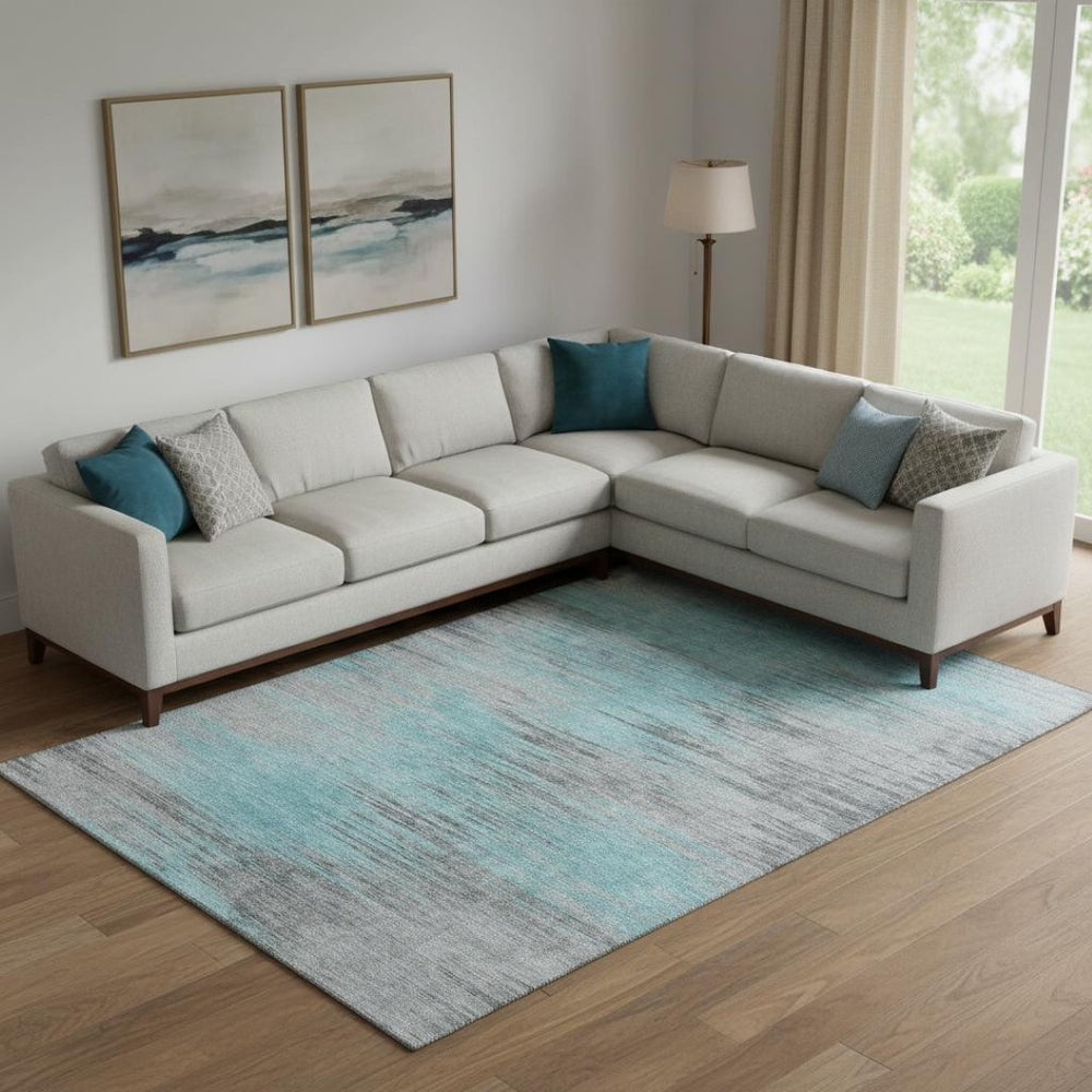 HomeRoots 9' X 12' Teal and Gray Abstract Area Rug - Washable, UV-Protected, Stylish for High-Traffic Spaces 665542