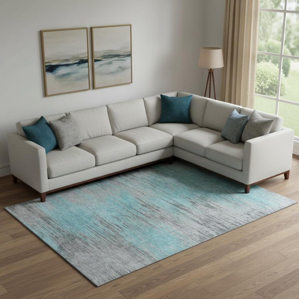 HomeRoots 10' Teal and Gray Abstract Area Rug – Washable, Stain-Resistant, UV-Protected for Modern Spaces 665543