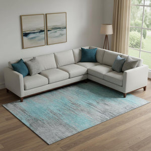HomeRoots 10' Teal and Gray Abstract Area Rug – Washable, Stain-Resistant, UV-Protected for Modern Spaces 665543
