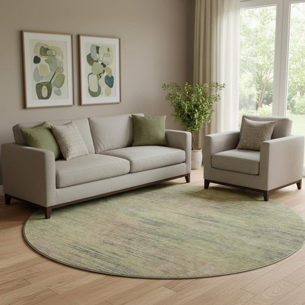 HomeRoots 8' Washable Round Rug in Artichoke Green, Gold, and Copper with UV Protection for Busy Homes 665546
