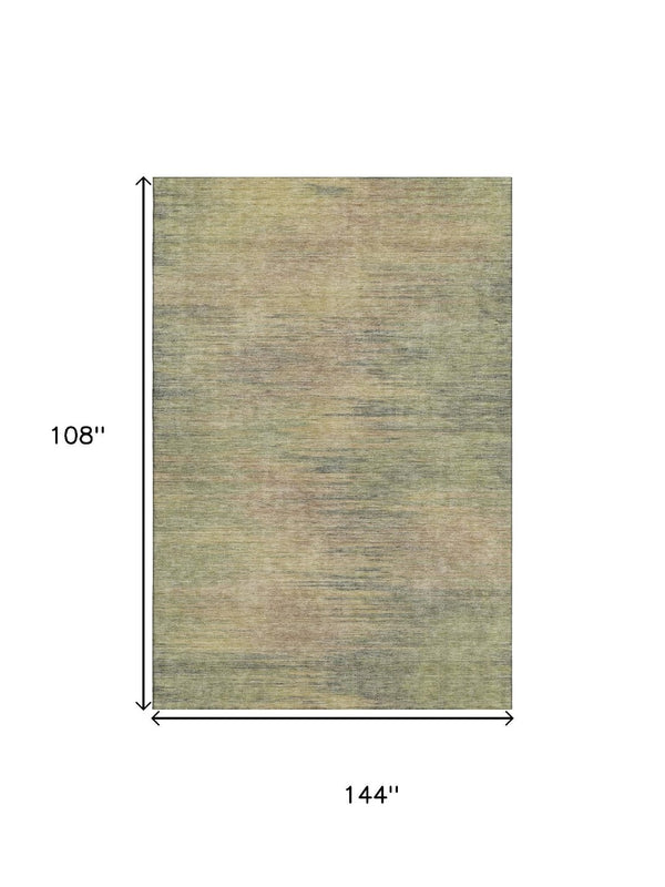 HomeRoots 9' X 12' Artichoke Green Abstract Area Rug with Gold & Copper Accents - Washable & UV Protected! 665548