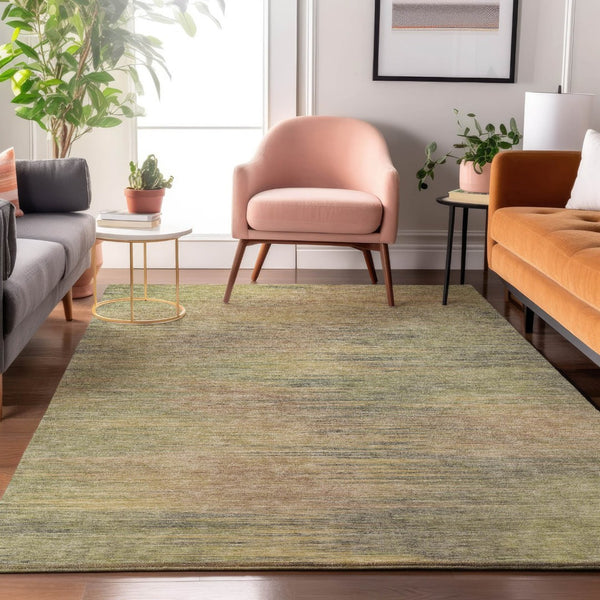 HomeRoots 9' X 12' Artichoke Green Abstract Area Rug with Gold & Copper Accents - Washable & UV Protected! 665548
