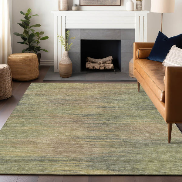 HomeRoots 9' X 12' Artichoke Green Abstract Area Rug with Gold & Copper Accents - Washable & UV Protected! 665548