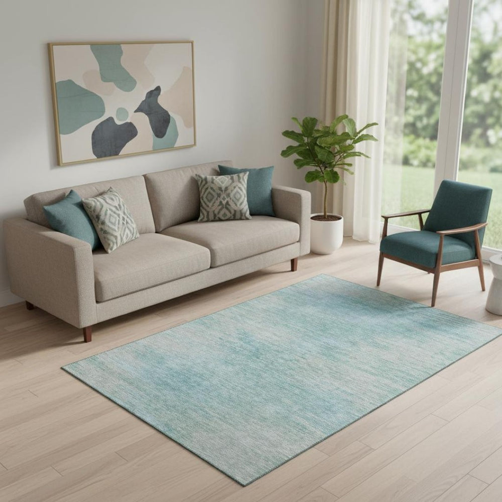 HomeRoots 5' Aqua & Gray Abstract Washable Area Rug - Durable, Stain Resistant with UV Protection for Homes 665551