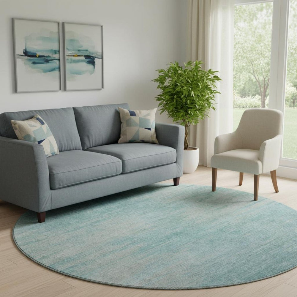 HomeRoots 8' Stylish Aqua & Gray Abstract Washable Round Rug - Durable, UV Protected, Perfect for High-Traffic Areas 665552