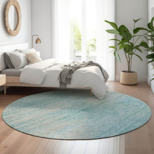 HomeRoots 8' Stylish Aqua & Gray Abstract Washable Round Rug - Durable, UV Protected, Perfect for High-Traffic Areas 665552
