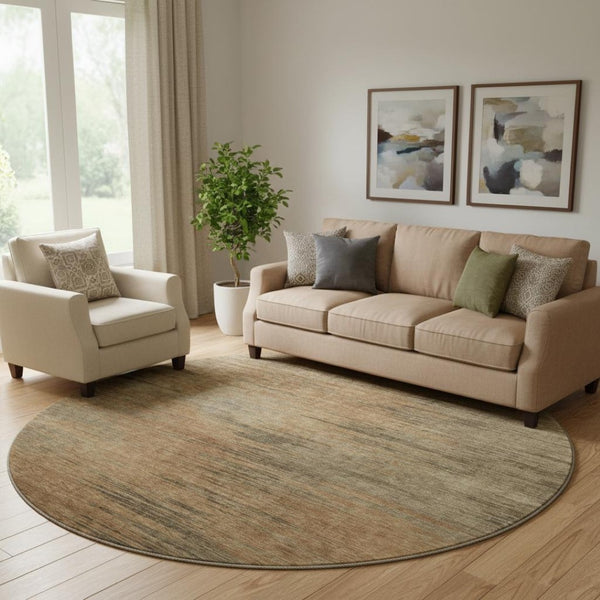 HomeRoots 8' Washable Round Rug in Terra Cotta, Gray & Beige - UV Protected, Soft, Stain Resistant Design 665588
