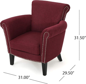 English Elm Christopher Knight Home® - CLUB Chair Burgundy Upholstered Fabric Accent with Nailhead Trim, Curved Arms & Birch Legs - Luxurious N776P243716Y