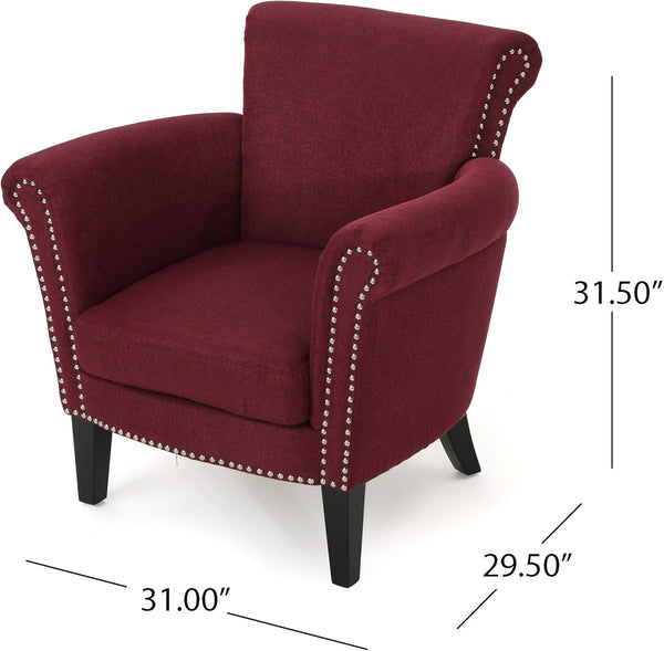 English Elm Christopher Knight Home® - CLUB Chair Burgundy Upholstered Fabric Accent with Nailhead Trim, Curved Arms & Birch Legs - Luxurious N776P243716Y
