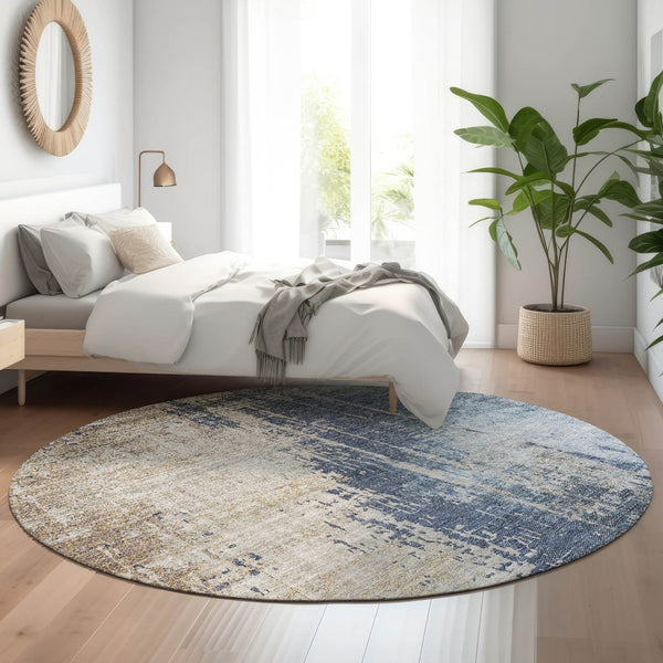 HomeRoots 8' Navy Blue Beige Taupe Abstract Round Rug - Washable, UV Protected, Durable for High-Traffic Areas 665600