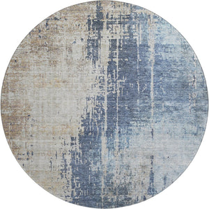HomeRoots 8' Navy Blue Beige Taupe Abstract Round Rug - Washable, UV Protected, Durable for High-Traffic Areas 665600