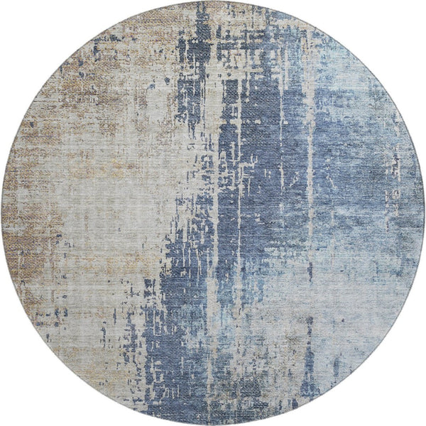 HomeRoots 8' Navy Blue Beige Taupe Abstract Round Rug - Washable, UV Protected, Durable for High-Traffic Areas 665600