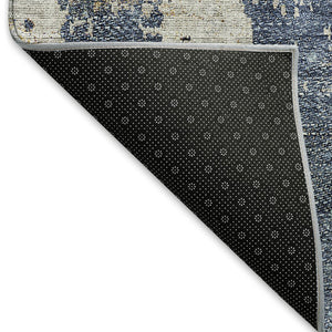 HomeRoots 8' Navy Blue Beige Taupe Abstract Round Rug - Washable, UV Protected, Durable for High-Traffic Areas 665600