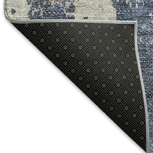 HomeRoots 8' Navy Blue Beige Taupe Abstract Round Rug - Washable, UV Protected, Durable for High-Traffic Areas 665600