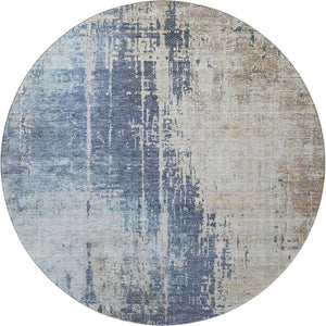 HomeRoots 8' Navy Blue Beige Taupe Abstract Round Rug - Washable, UV Protected, Durable for High-Traffic Areas 665600