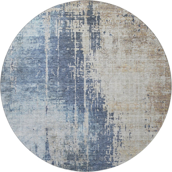 HomeRoots 8' Navy Blue Beige Taupe Abstract Round Rug - Washable, UV Protected, Durable for High-Traffic Areas 665600