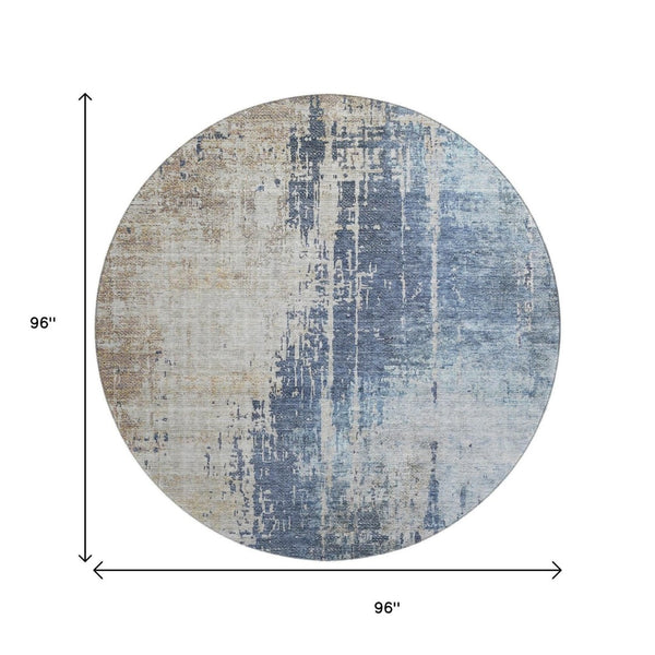 HomeRoots 8' Navy Blue Beige Taupe Abstract Round Rug - Washable, UV Protected, Durable for High-Traffic Areas 665600