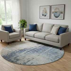 HomeRoots 8' Navy Blue Beige Taupe Abstract Round Rug - Washable, UV Protected, Durable for High-Traffic Areas 665600