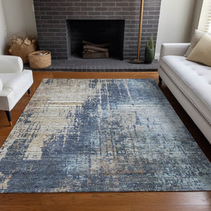 HomeRoots 10' X 14' Navy Abstract Area Rug - Washable, UV Protected, Stain-Resistant, Perfect for Family Spaces 665603