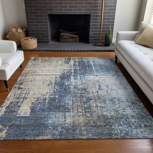 HomeRoots 10' X 14' Navy Abstract Area Rug - Washable, UV Protected, Stain-Resistant, Perfect for Family Spaces 665603