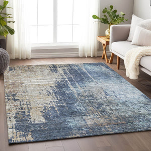 HomeRoots 10' X 14' Navy Abstract Area Rug - Washable, UV Protected, Stain-Resistant, Perfect for Family Spaces 665603
