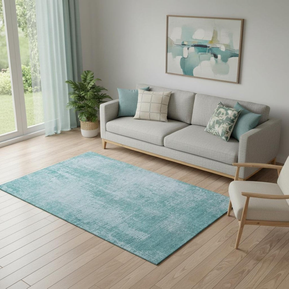 HomeRoots 5' X 8' Aqua And Teal Abstract Washable Area Rug – Stylish, Durable, UV-Protected for Everyday Living 665611