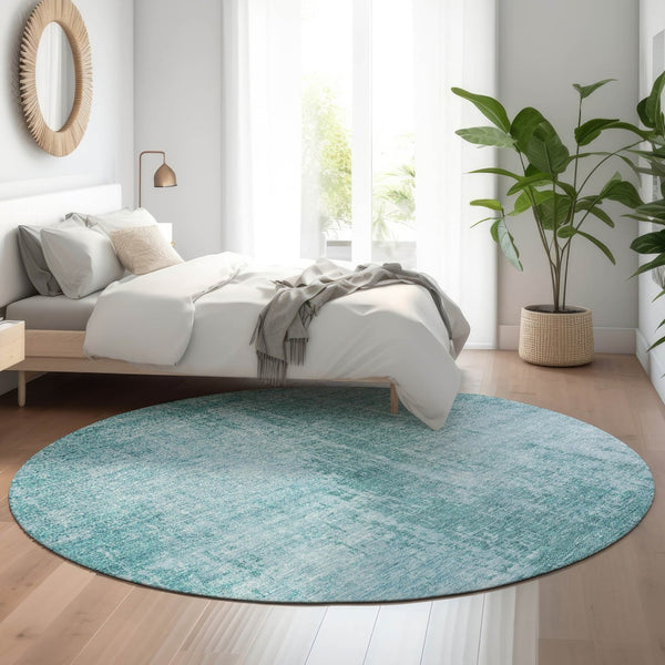 HomeRoots 8' Aqua and Teal Abstract Washable Round Rug - Durable, UV Protected, Stylish for High-Traffic Areas 665612