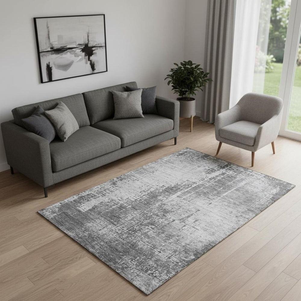 HomeRoots 5' X 8' Modern Gray and Silver Abstract Washable Area Rug with Stain Resistance & UV Protection 665641