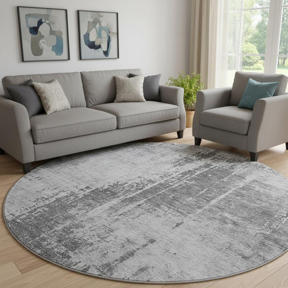HomeRoots 8' Gray and Silver Abstract Round Washable Rug with UV Protection – Stylish, Durable, and Family-Friendly! 665642
