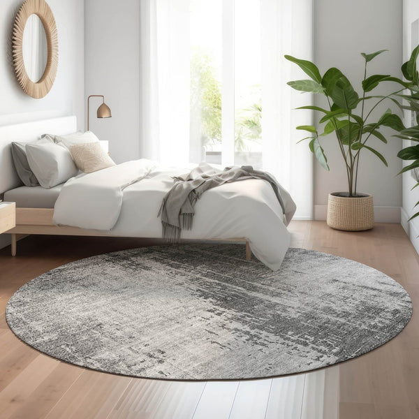 HomeRoots 8' Gray and Silver Abstract Round Washable Rug with UV Protection – Stylish, Durable, and Family-Friendly! 665642