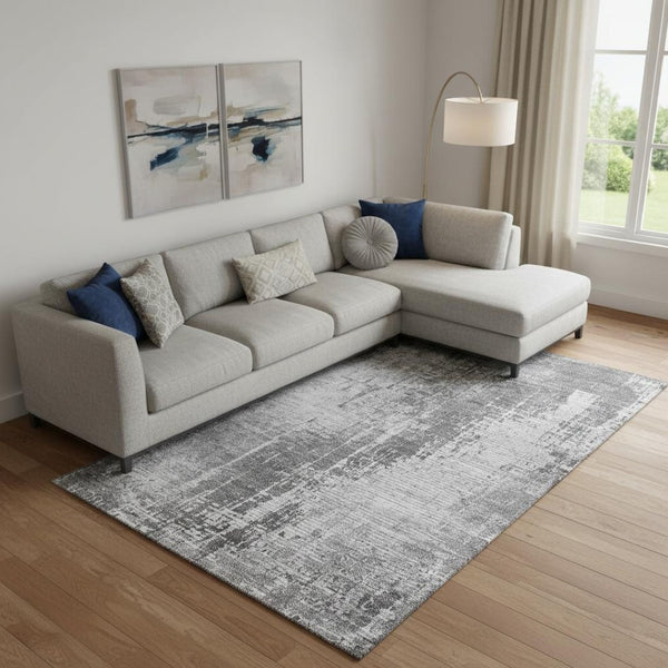 HomeRoots 9' X 12' Gray & Silver Abstract Area Rug – Washable, UV-Protected, Stain-Resistant for Modern Spaces 665644